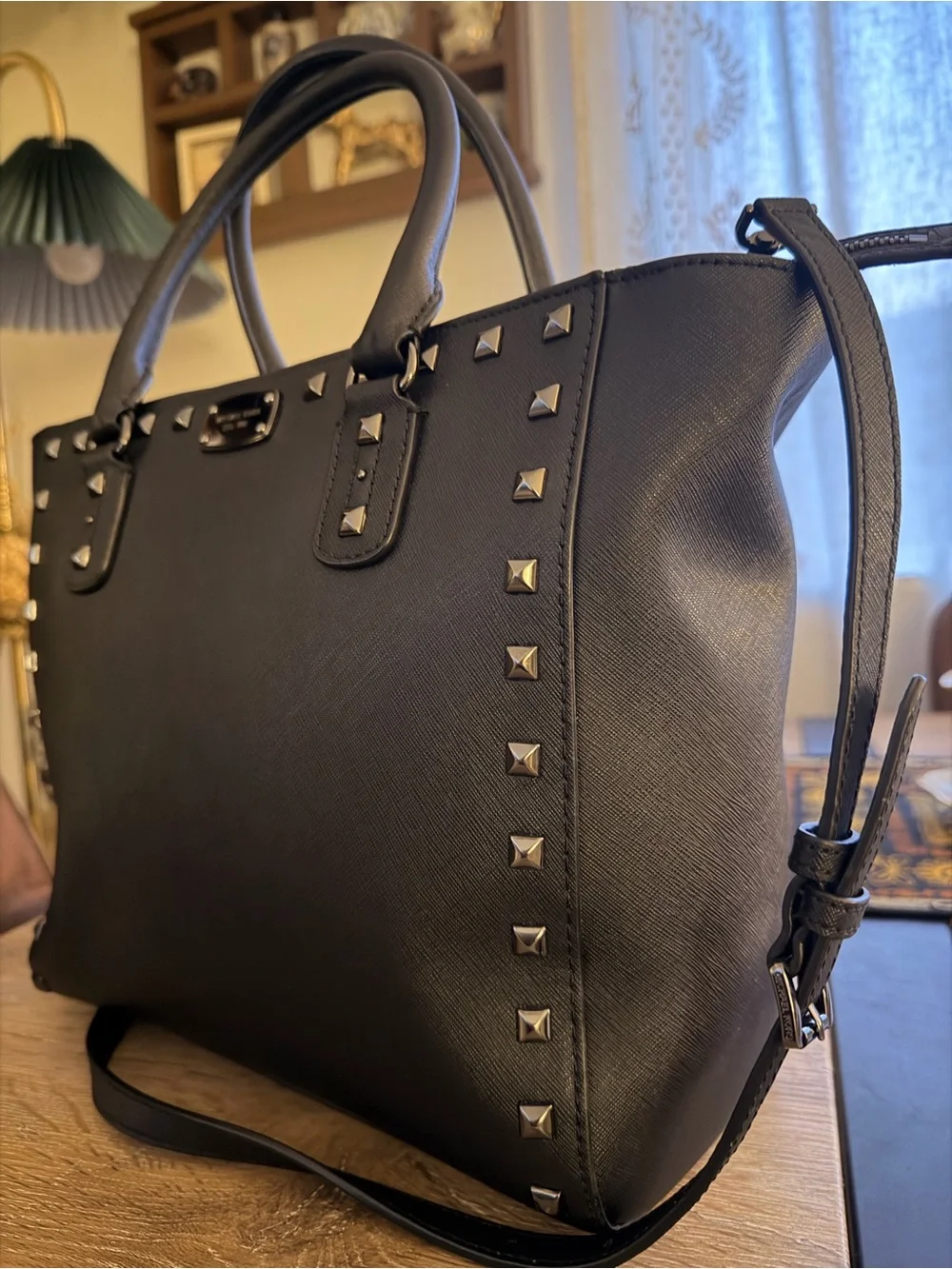 Michael Kors Black Tote Saffiano Studde Leather Satchel with Gold Hardware